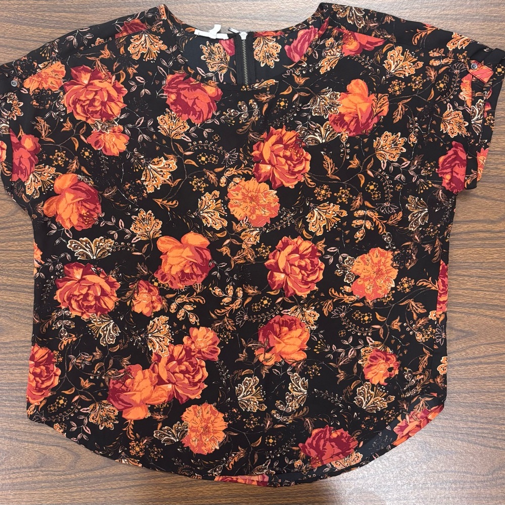 Maurices Black and Orange Roses Print 💯polyester blouse